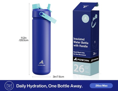 POWCAN 26 oz Insulated Water Bottle with 2-in-1 Straw and Spout Lid, Keep Cold 24H, Leak-Proof, Fits in Car Cup Holder, Stainless Steel Water Bottle for Sports, Travel, Gym, and School (Coastline)