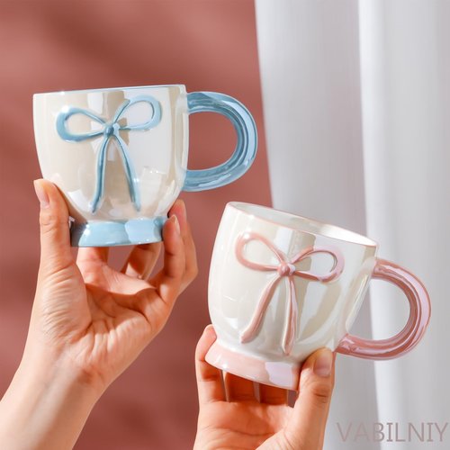 VABILNIY]Ceramic Coffee Mug with Bow Design, 13.5 fl oz Cute Coffee Cup with Spoon, Pink Tea Cup for Hot & Cold Drinks, Gift for Women, Family and Friends