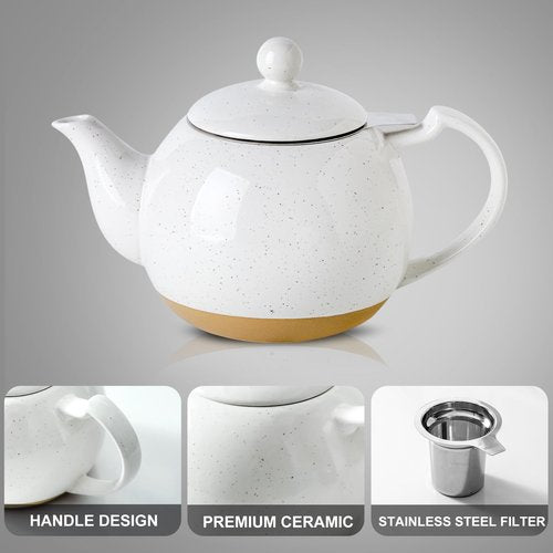 HVH 34 oz Porcelain Teapot with Stainless Steel Infuser, Ceramic Tea pot with Infuser for Loose Tea, Enough For 6 Cups, High Tea Series, Farmhouse Style (White)