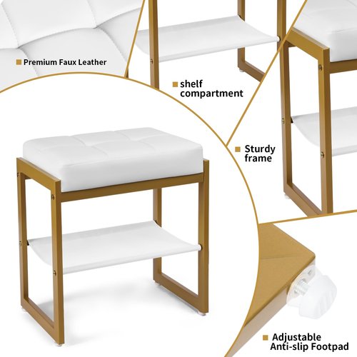 FrexCheng Vanity Stool, Faux Leather Vanity Chair Stool for Dressing Table, Modern Gold Metal Footstool Ottoman for Bedroom & Living Room, White & Gold
