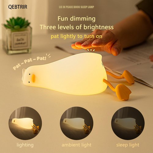 QEBTRIR Fun LED Lying Flat Duck Night Light Silicone Dimmable Nursery Nightlight Rechargeable Bedside Touch Lamp for Breastfeeding Cute Squishy Duck Lamp for Baby Kids Room Decor (Duck), K-1096