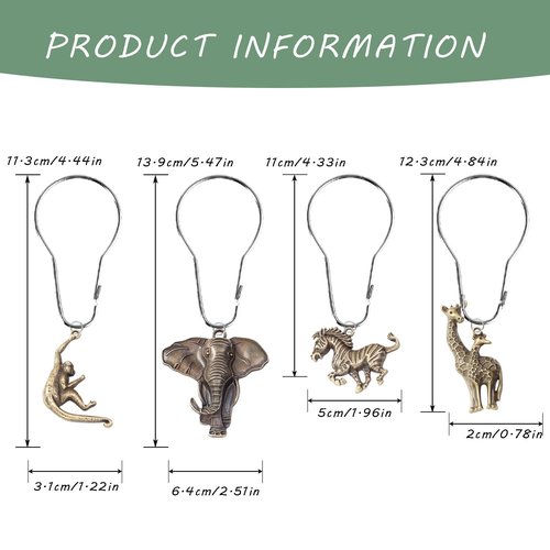 YRMLYMOP Jungle Shower Curtain Hooks,12 Pcs Animal Shower Curtain Hooks, Rainforest Elephant Zebra Monkey Giraffe Tropical Safari Bathroom Curtain House Bathroom Decor Accessorie, Stainless Steel Ring