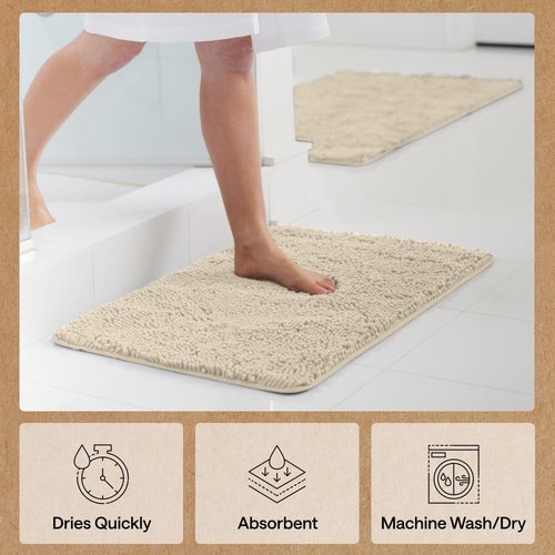 GORILLA GRIP Bath Rug Mat - Thick Soft Absorbent Chenille | Quick Dry Microfiber, 24x17, Sand Color