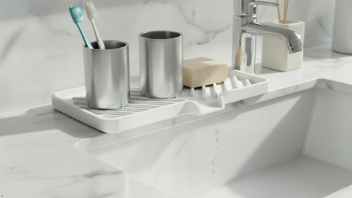 Happitasa Silicone Soap Dish Tray and Sponge Holder with Drain Chute and Feet | 3-Way Sloped Design | Bathroom and Kitchen Sink Organizer Caddy (Black, 10"x4")