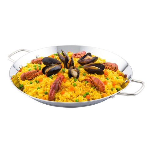 Restaurantware 13.5 Inch Spanish Paella Pan 1 Induction Ready Paella Pan - Heavy-Duty Riveted Handles Silver Stainless Steel Spanish Pan Dishwasher-Safe Paella Cookware For Homes or Restaurants
