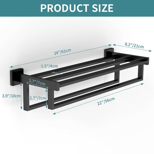 Bathroom Towel Rack with Double Towel Bar, 24 Inch Towel Racks for Bathroom Wall Mounted, Hand Towel Hanger Stainless Steel Towel Shelf Rack Bathroom Towel Storage, Black