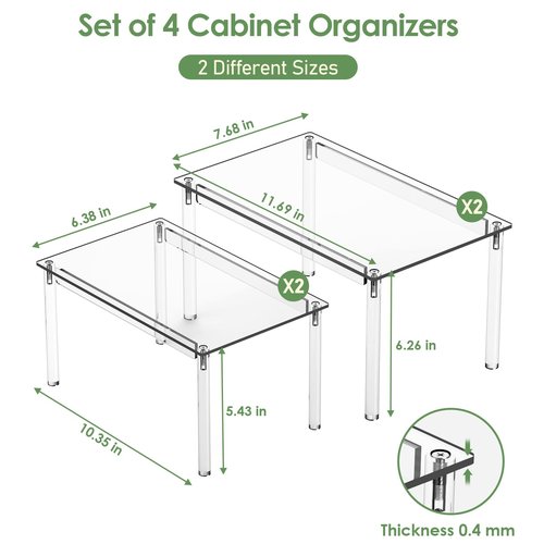 Delamu Clear Kitchen Cabinet Organizer, Set of 4 Acrylic Shelf Organizer for Cupboard Organizers and Storage, Stackable Cabinet Shelf for Plate, Dish, Bowl, Cup & Mug, 11.7" W x 7.7" D x 6.3" H