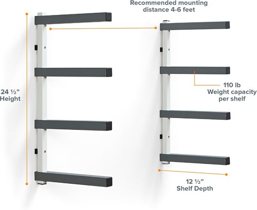Bora 4-Level Lumber Storage Rack - Space-Saving Metal Shelf for Wood, Pipes & Boards | PBR-0420 White Gray