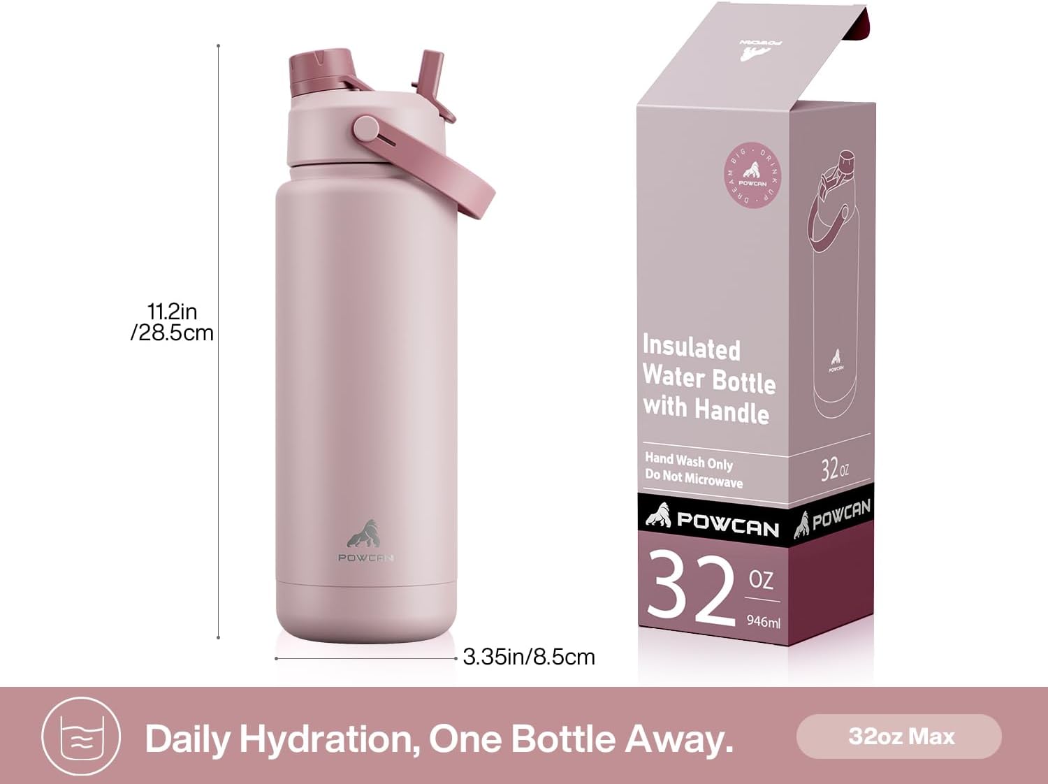POWCAN 32 oz Insulated Water Bottle - 2-in-1 Straw & Spout Lid, Leak-Proof, BPA-Free | Dried Rose