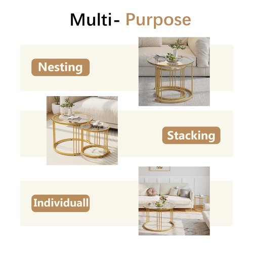 Garden 4 you Nesting Coffee Table, 23.6" Round Coffee Table Set of 2, Glass Nesting Table with Metal Frame, Ceter Tables for Living Room Bedroom Balcony, Gold