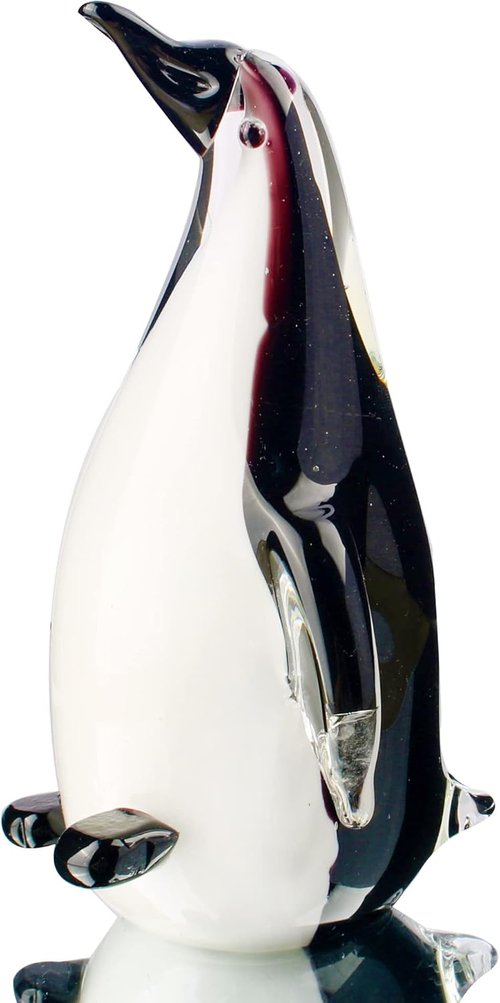 Hophen Glass Penguin Figurine - Handmade Blown Crystal Sculpture | White & Black Collectible Desk Decor