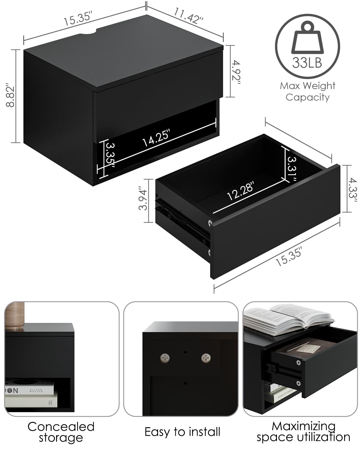 Floating Nightstand, Small Modern Floating Nightstand with Drawer, Floating Shelves for Bedroom, Bathroom (Black)