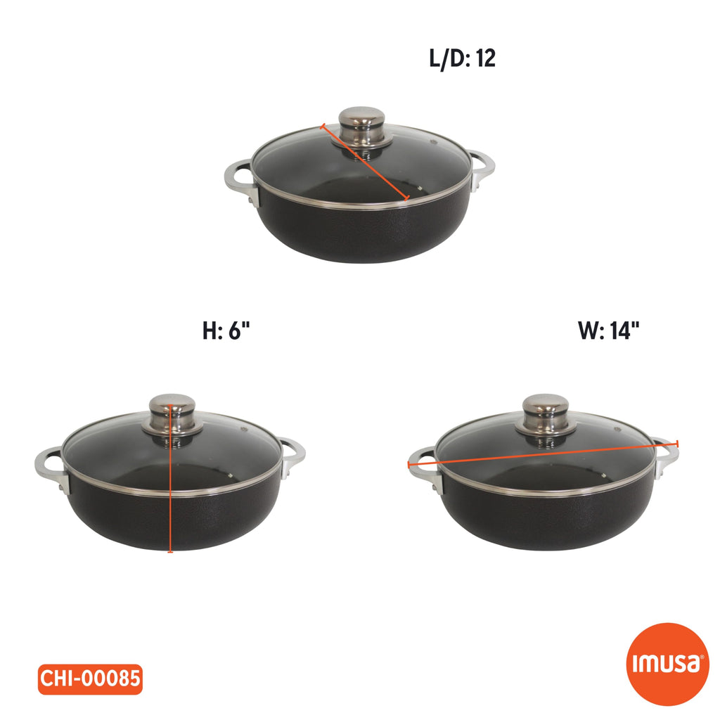 IMUSA 6.9qt Charcoal Aluminum Nonstick Caldero with Glass Lid, Black
