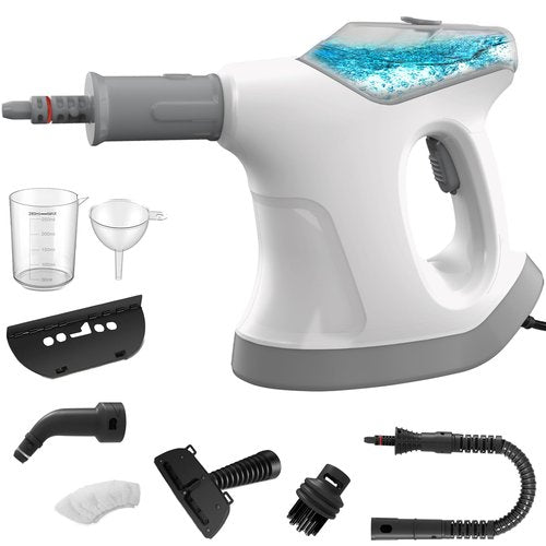 Handheld Steam Cleaner, 10S Immediate Heat Hand Held Steam Cleaner for Home, with Visualized Large Water Tank & 9 PCS Accessories & Safety Lock, for Window,Car,Kitchen,Couch,Floor (WHITE+GRAY)