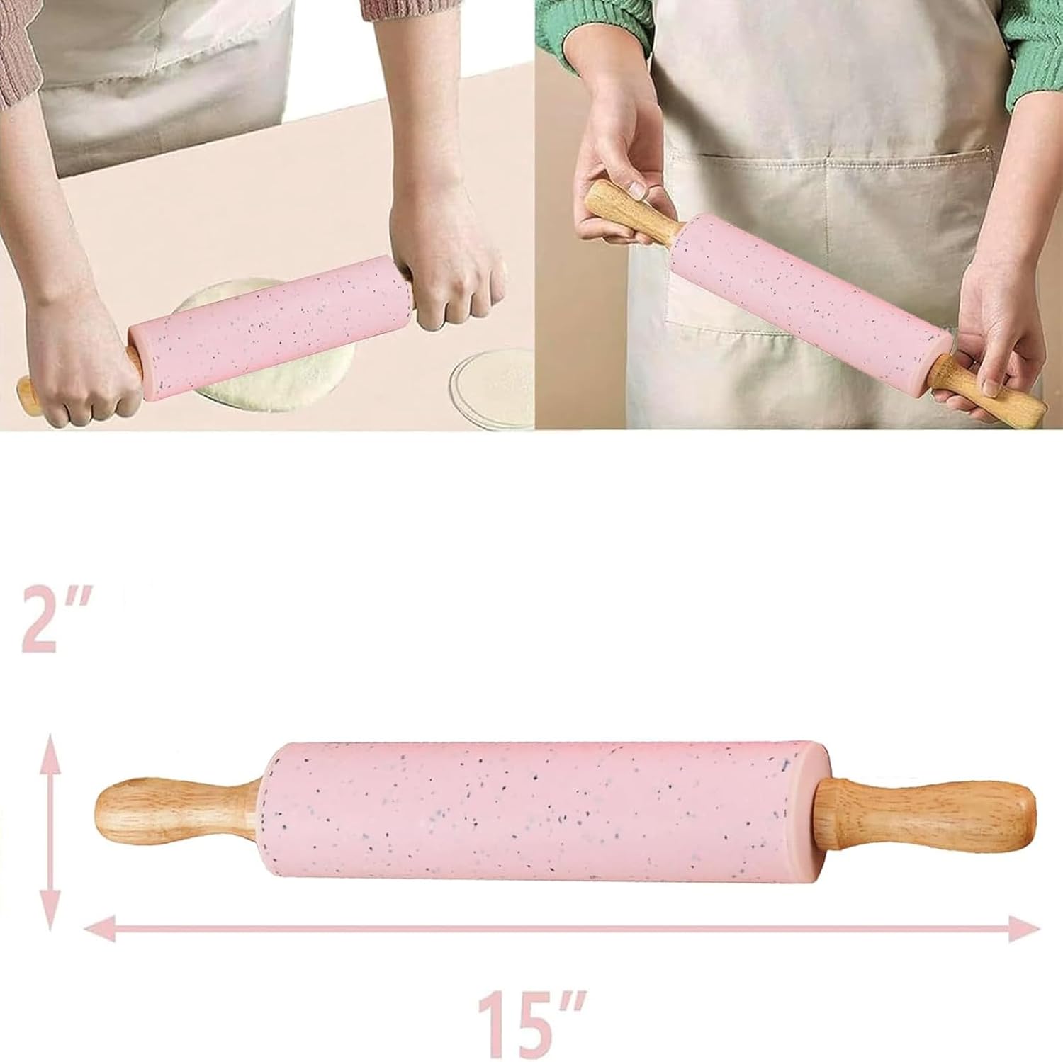 Skiennix Silicone Rolling Pin - 15-Inch Non-Stick Pastry Dough Roller with Wooden Handle | Ideal for Baking Cookies and Dumplings