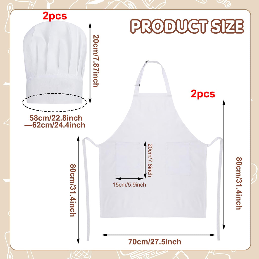 XLSXEXCL 2 Pack Chef Apron and Hat, Adjustable High Cooking Apron Waterproof Kitchen Baking Apron with Two Pockets and Elastic Chef's Hat Set for Women Men Father's Mother's Christmas Gift(White)