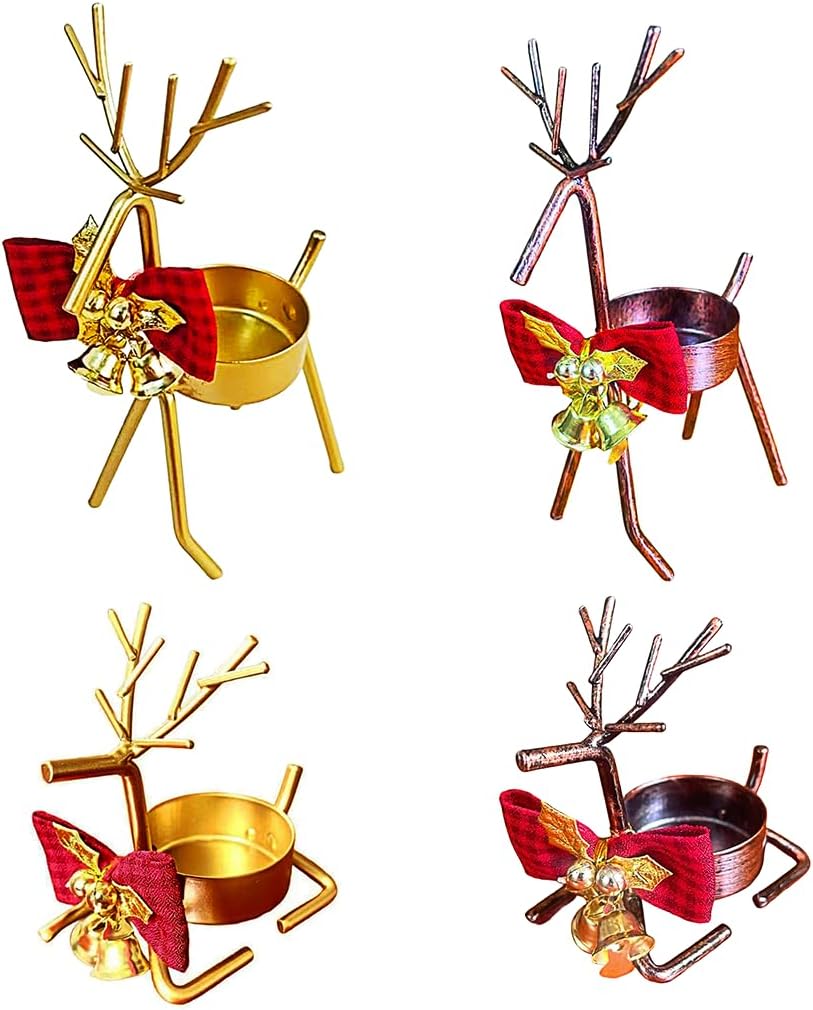 Skiennix Christmas Candle Holders - 4-Piece Reindeer Tealight Set for Holiday Table Decor | Stainless Steel