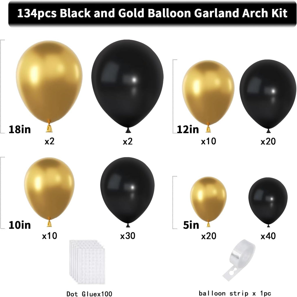 Skiennix Black and Gold Balloon Garland Arch Kit - 134pcs Metallic Balloons for Graduation, New Year & Birthday Celebrations