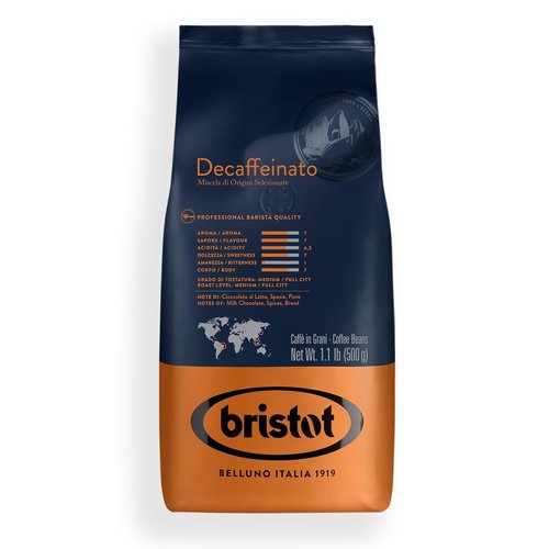 Bristot Decaf Italian Coffee Beans - Medium Roast Whole Espresso - Smooth & Rich Flavor - 1.1 lb (500g) Bag