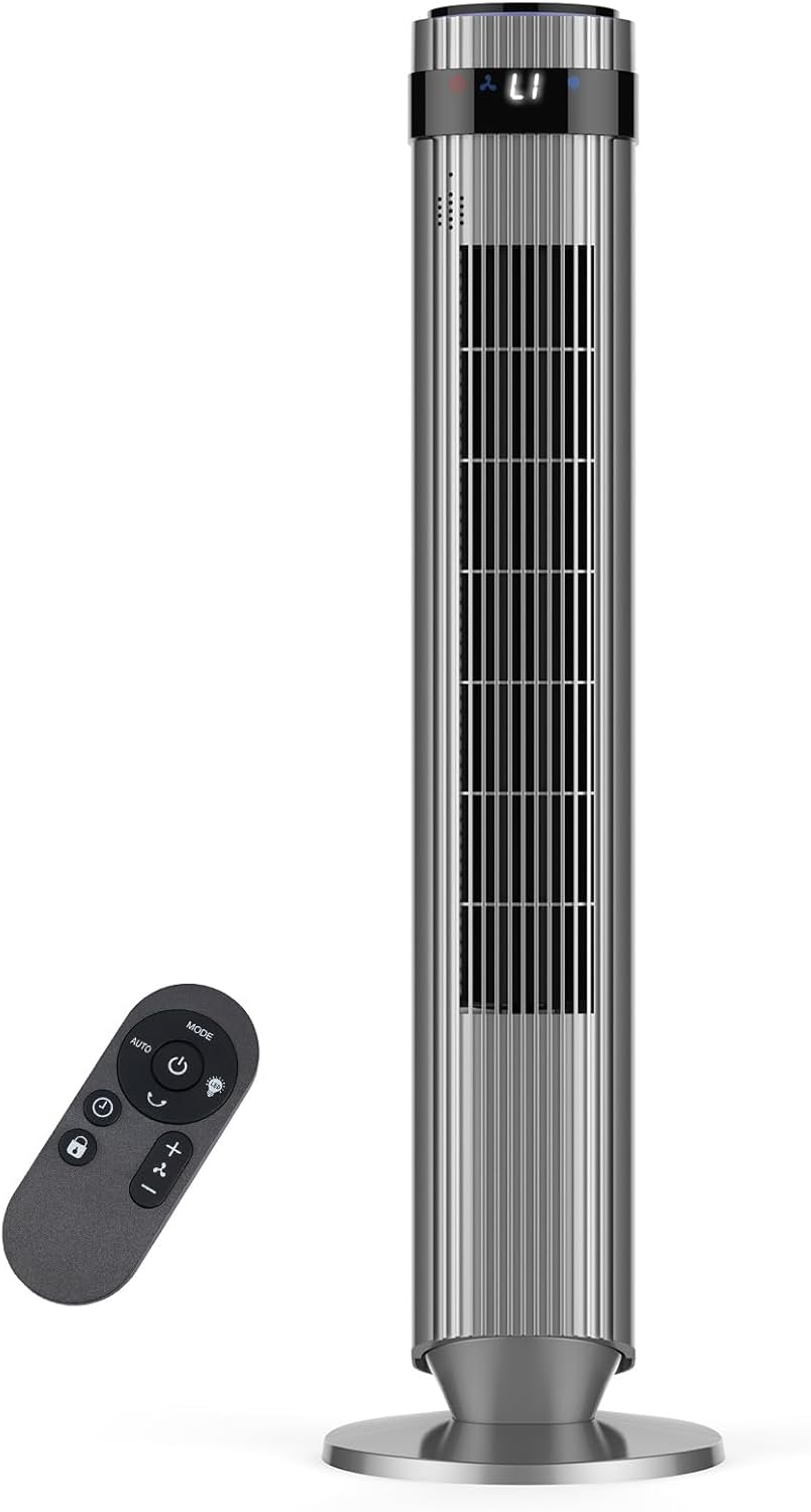 OLIXIS Tower Fan - Quiet 28dB Bladeless Cooling Fan with Remote, 12-Hour Timer, 5 Speeds | Grey