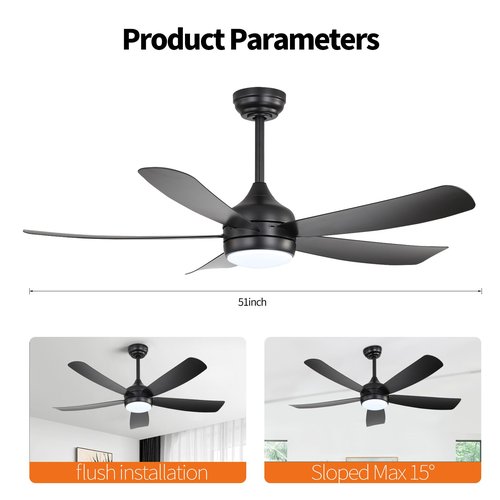 52 Inch Black Ceiling Fans with Lights, Modern Ceiling Fan with Remote Outdoor Ceiling Fan for Bedroom, Living Room, Flush Mount Memory Low Profile 3CCT LED Lights Kit, Easy and Fast Installation