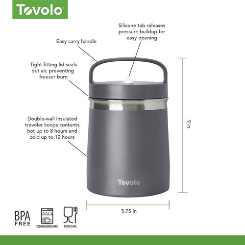 Tovolo Insulated Food Container 2 Quart Food Traveler Thermos for Hot Food and Cold Food Stainless Steel Double Wall Vacuum Insulated Spill Proof Airtight Lid Dishwasher Safe BPA Free Charcoal Gray