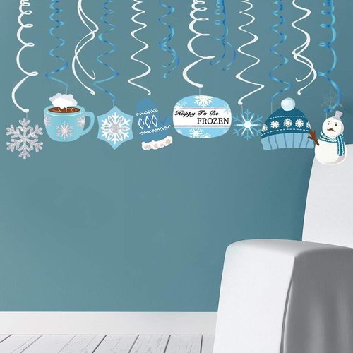 Christmas Snowman Hanging Swirl Decorations - Winter Snowflake Party Decor | 30 Count