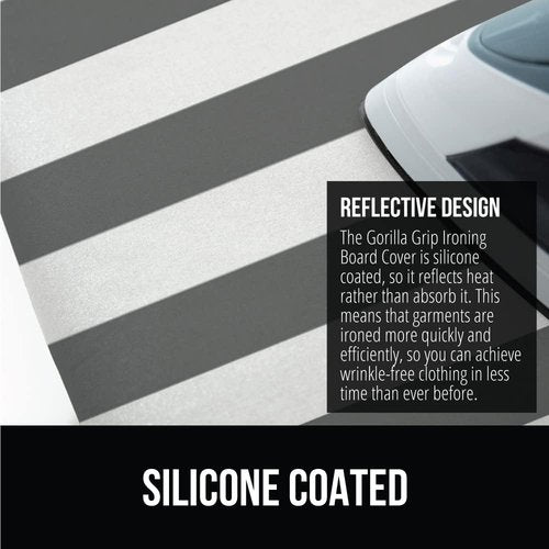 GORILLA GRIP The Original Ironing Board Cover and Pad, Silicone Coating, 400°F Scorch Resistant Thick Padding, Heavy Duty Iron Covers Standard Boards, Hook and Loop Fastener Strap, Striped 15x54