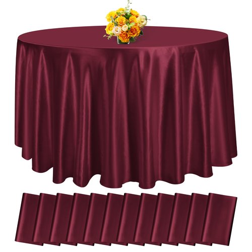 12 Pack 108 Inch Burgundy Satin Tablecloth - Silky Round Tablecloth Overlay Smooth Fabric Table Cover, Bright Table Decoration for Wedding Party Banquet Events Restaurant Kitchen Dining