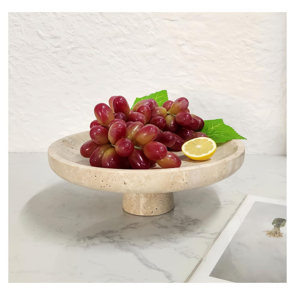 Natural Travertine Fruit Bowl 11.8" – Large Decorative Bowl & Travertine Decor Pedestal for Kitchen Counter & Dining Table ,For Entryway, Kitchen Fruit Bowl, Potpourri, Dining Table Centerpiece.