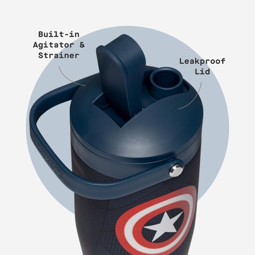 Corkcicle Protein Shaker - Built-In Agitator & Fruit Strainer Lid - 30oz - Captain America