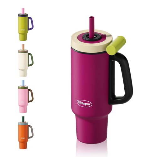 Sidagar 36 oz Tumbler with Handle and Straw, Ceramic Lined Water Bottle Vacuum Insulated Cup, Stainless Steel Travel Mug with Lid,Fits Cup Holder, Leak Resistant Press-in Lid, Purple