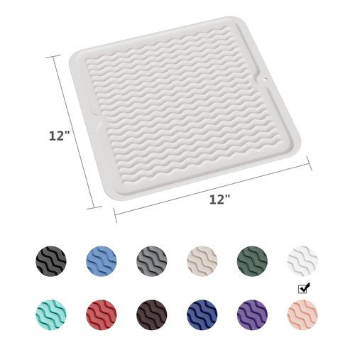ZLR Silicone Dish Drying Mat 12" x 12" Square - Small Heat Resistant Trivet & Countertop Protector for Air Fryer, Coffee Maker - Waterproof Kitchen Drain Pad for Cups, Fruit (Milk White)