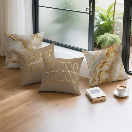 OBSEDE Inspirational Beige Marble Throw Pillow Covers 18 × 18 in, Set of 4, Couch Cushion Cases Inserts for Sofa Bed Living Room Home Decor, Single-Sided Print