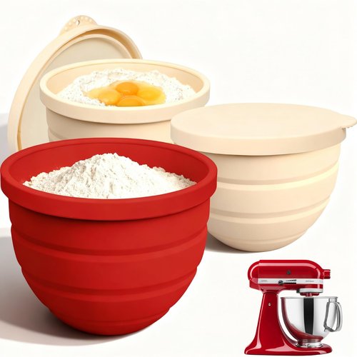 Naerza Silicone Bowl Insert for Kitchen Aid 5 Qt Tilt-Head - Patented Design Bowl Liner, 3pack with Lids, Resistant to collapse Thicker Bowl Insert, Foldable, Heat/Cold Resistant (Red*Beige*Beige)