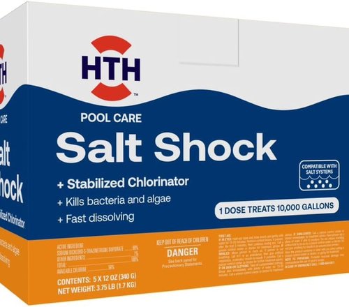 HTH 52047 Swimming Pool Care Salt Shock - Stabilized Chlorinator | Treats 10,000 Gallons, 5x12oz Packets