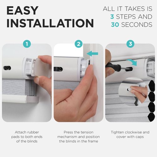Joydeco No Tools No Drill Window Blinds for Indoor Windows, Blackout Shades Cellular Shades Cordless, No Drill Blinds for Windows, Window Shades for Home, Bedrooms, Doors (White, 34" W x 64" H)