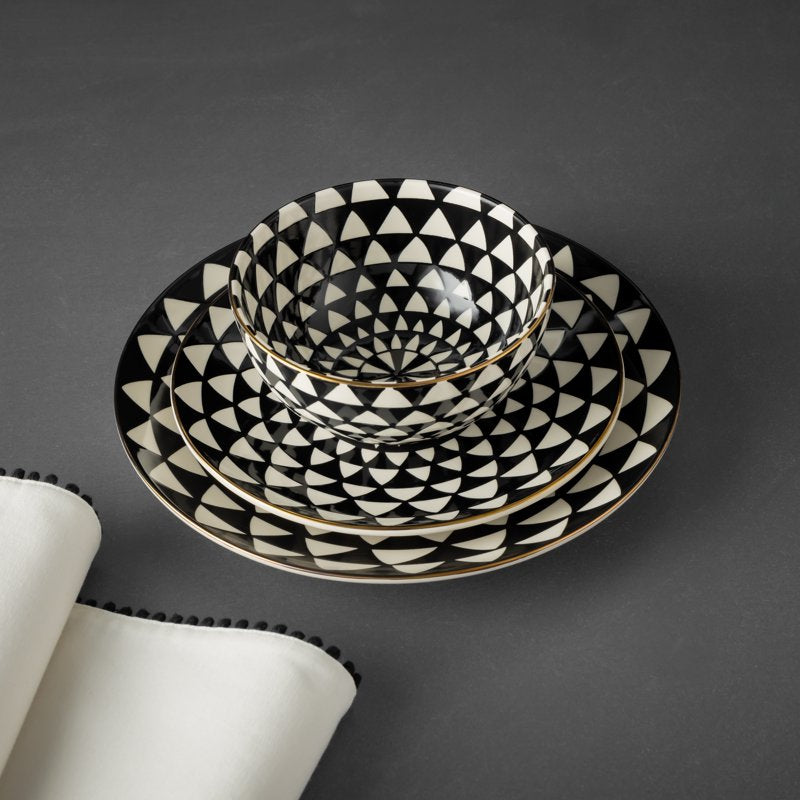 Ceramic Salad Plate with Black and White Geometric Pattern - Multicolor