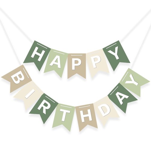 JarThenaAMCS Sage Green Happy Birthday Banner - Ivory Brown Hanging Banner Handmade Party Bunting Garland for Birthday Tea Baby Shower Home Nursery Backdrop Decor