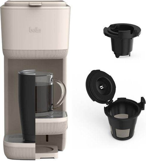 BELLA Single Serve Coffee Maker - K Cup & Ground Compatible, Adjustable Drip Tray, 6oz to 14oz Brews