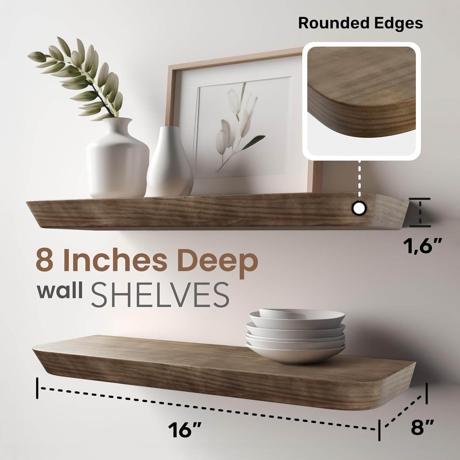 Wood Floating Shelves | 16-Inch Set of 2 - Stylish Bathroom & Living Room Storage - American Walnut Finish