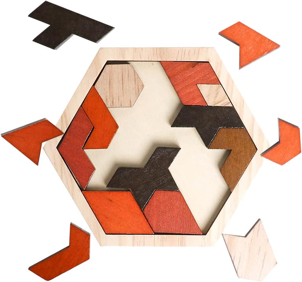 Skrtuan Wooden Hexagon Tangram Puzzle - Educational Brain Teaser for Kids & Adults | Portable Montessori Toy