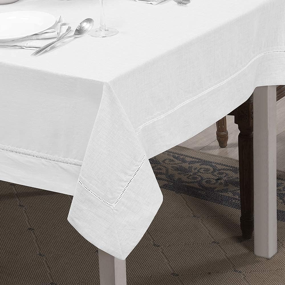 Simple&Opulence Premium 100% Linen Hemstitch Tablecloth-60 x 84 Inch White, Natural Fabric, Rectangular Tablecloth for Indoor and Outdoor Use
