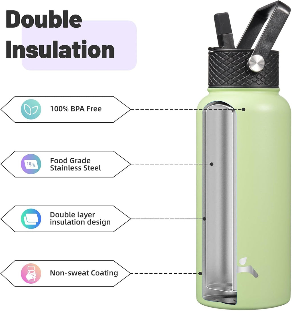 Skiennix 32 Oz Insulated Stainless Steel Water Bottle - Sport Bottle with 3 Lids | Macaron Green