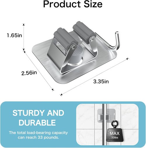 Nacena Broom Holder Wall Mount - Heavy-Duty Stainless Steel Mop & Broom Organizer | 4-Pack Silver Hooks