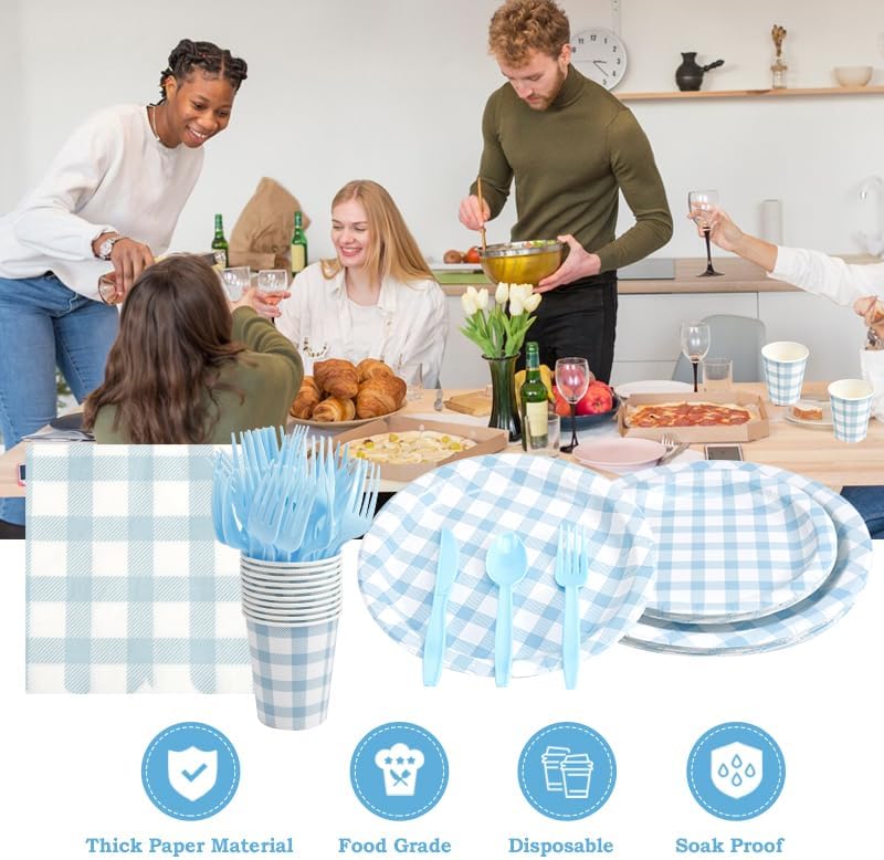 Skiennix 168-Piece Gingham Party Supplies Set - Disposable Plates, Napkins & Cutlery for 24 Guests | Blue