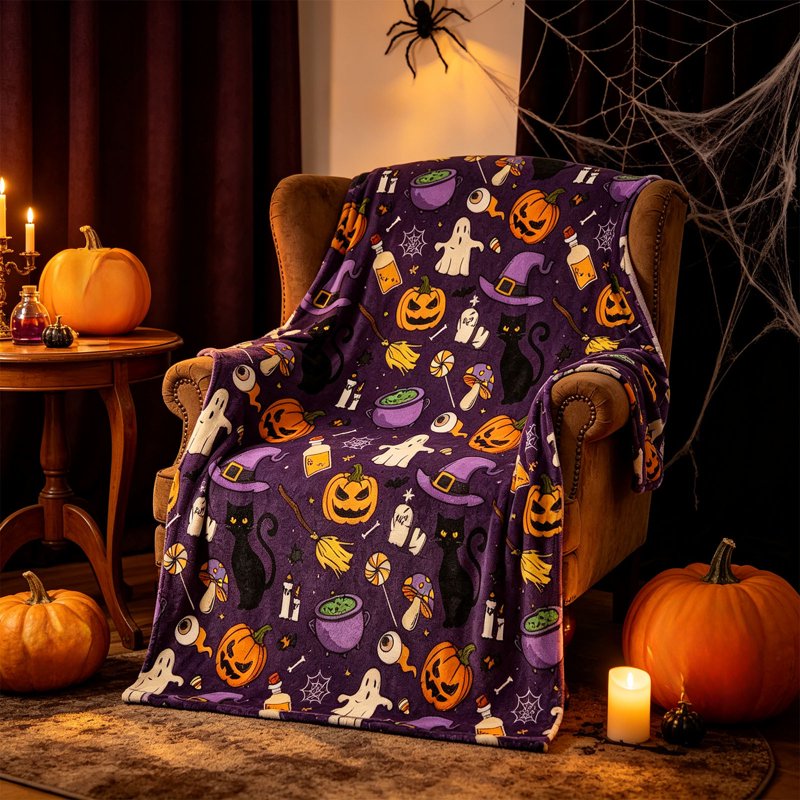 Halloween Fleece Throw Blanket - Purple Ghost Pumpkin Print, 39x51 Inch, Cozy Flannel for Sofa Couch Bed & Office - Variation #26