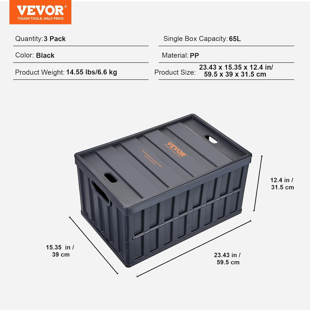 VEVOR 65L Collapsible Storage Bins - Stackable Utility Crates with Lids for Organizing Tools & More