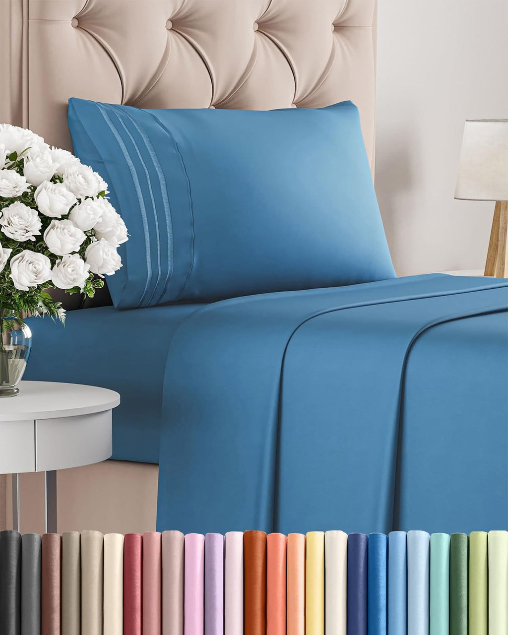 Skiennix Twin XL Sheet Set - Comfy Cooling Bed Sheets - Luxury Hotel Quality - Denim Blue, Deep Pockets