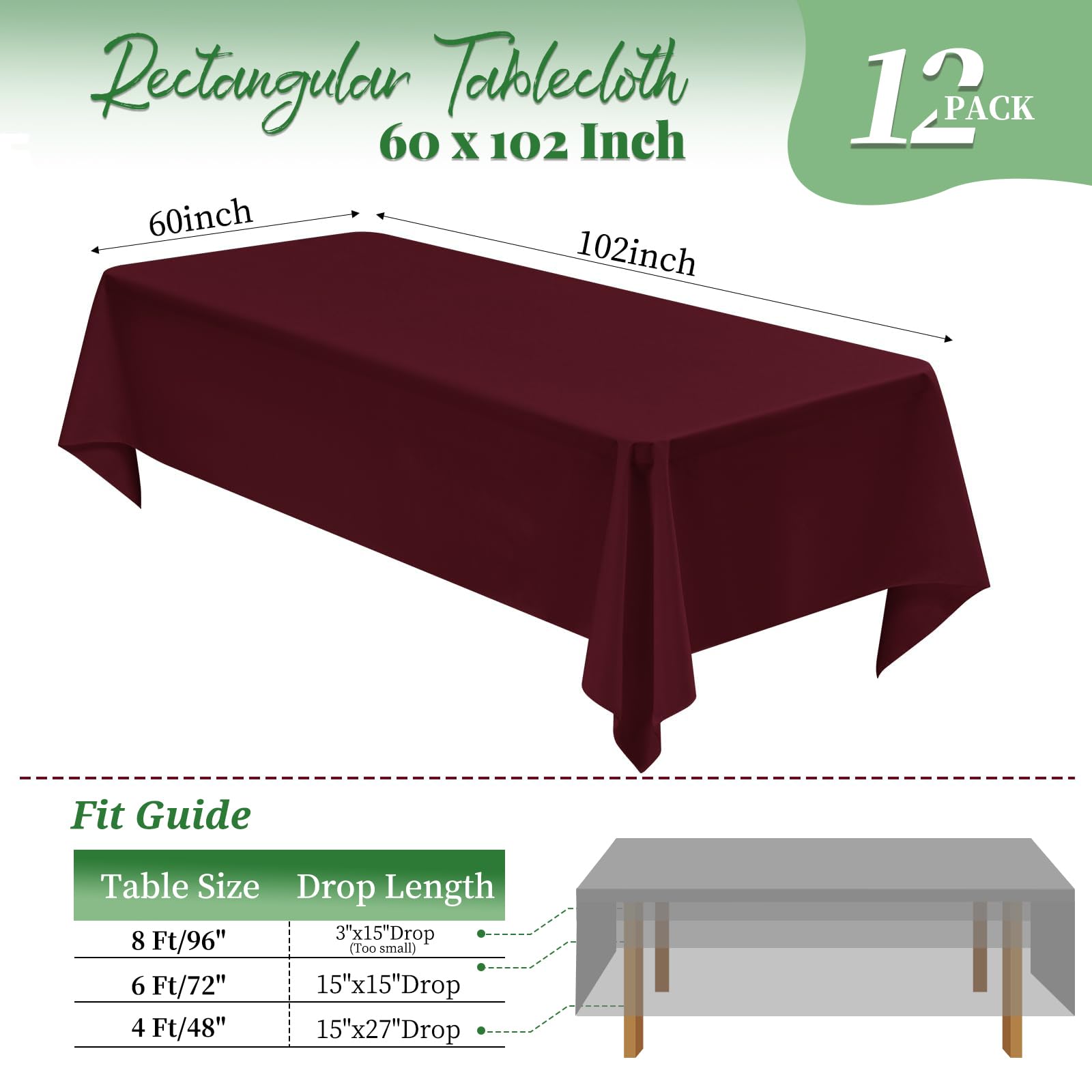 MTREO 12 Pack Burgundy Tablecloth 60 x126 Inch Burgundy Table Cloths for 8 Foot Rectangle Tables Wrinkle Resistant Washable Polyester Table Cloth Table Cover for Wedding Party Buffet Dining Table